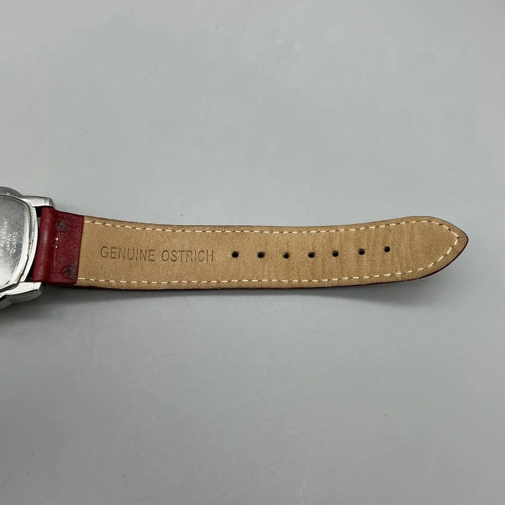 Croton Womens Watch 33mm Silver Tone Red Cushion Ostrich Leather New Battery